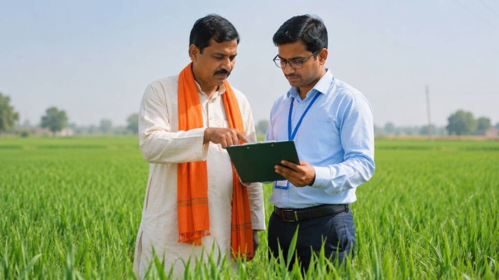 Agriculture officer reviewing farm records with a farmer in a crop field using digital documentation.