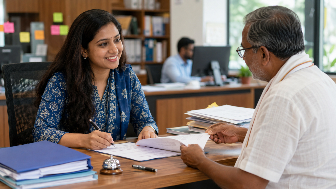Bank officer reviewing loan documents with a customer at a branch desk during a financial consultation.