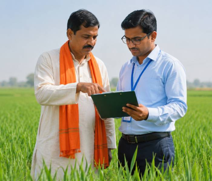 Agriculture officer reviewing farm records with a farmer in a crop field using digital documentation.