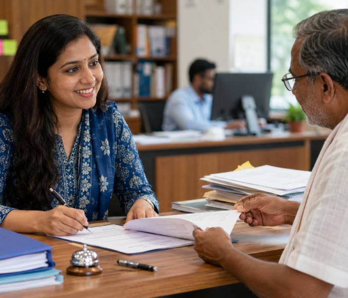 Bank officer reviewing loan documents with a customer at a branch desk during a financial consultation.